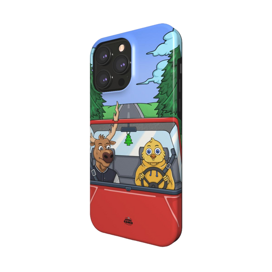 iphone magsafe case of animated moose teaching a young chick how to drive, side view