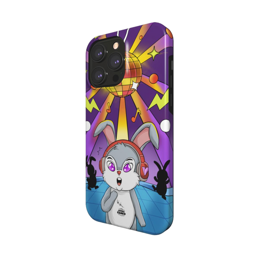iphone magsafe case of animated bunny wearing headphones at the silent disco, side view