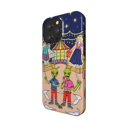 iphone magsafe case of animated aliens eating ice cream and holding princess and prince shaped balloons, side view