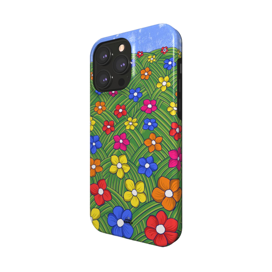 iphone magsafe case of animated colorful flower field, side view