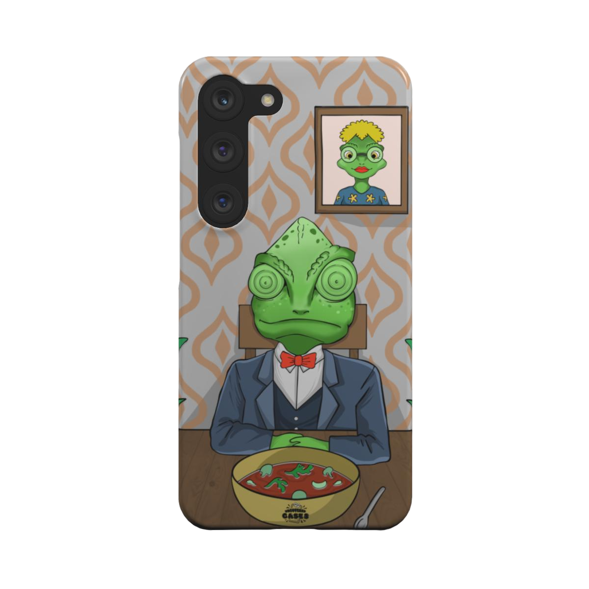 samsung snap case of animated chameleon wearing a costume at the dinner table, back view