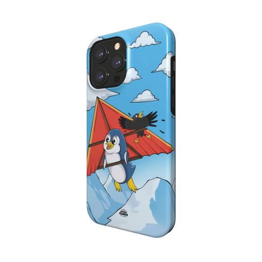 iphone magsafe case of animated penguin trying to paraglide down the mountain, side view