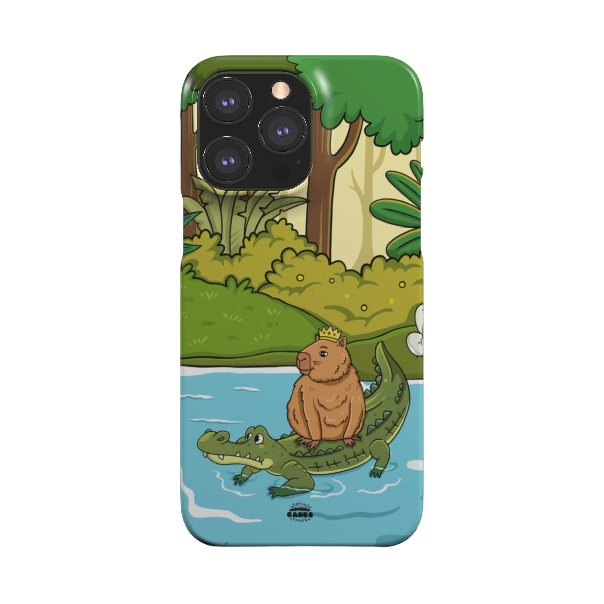 iphone snap case of animated capybara riding through river on a crocodiles back and wearing a crown, back view