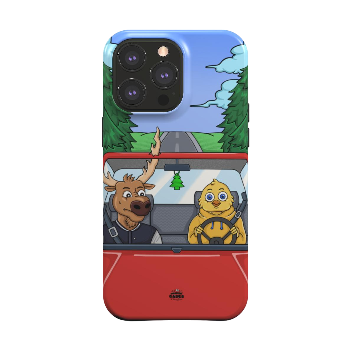 iphone magsafe case of animated moose teaching a young chick how to drive, back view
