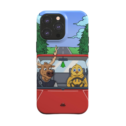 iphone magsafe case of animated moose teaching a young chick how to drive, back view
