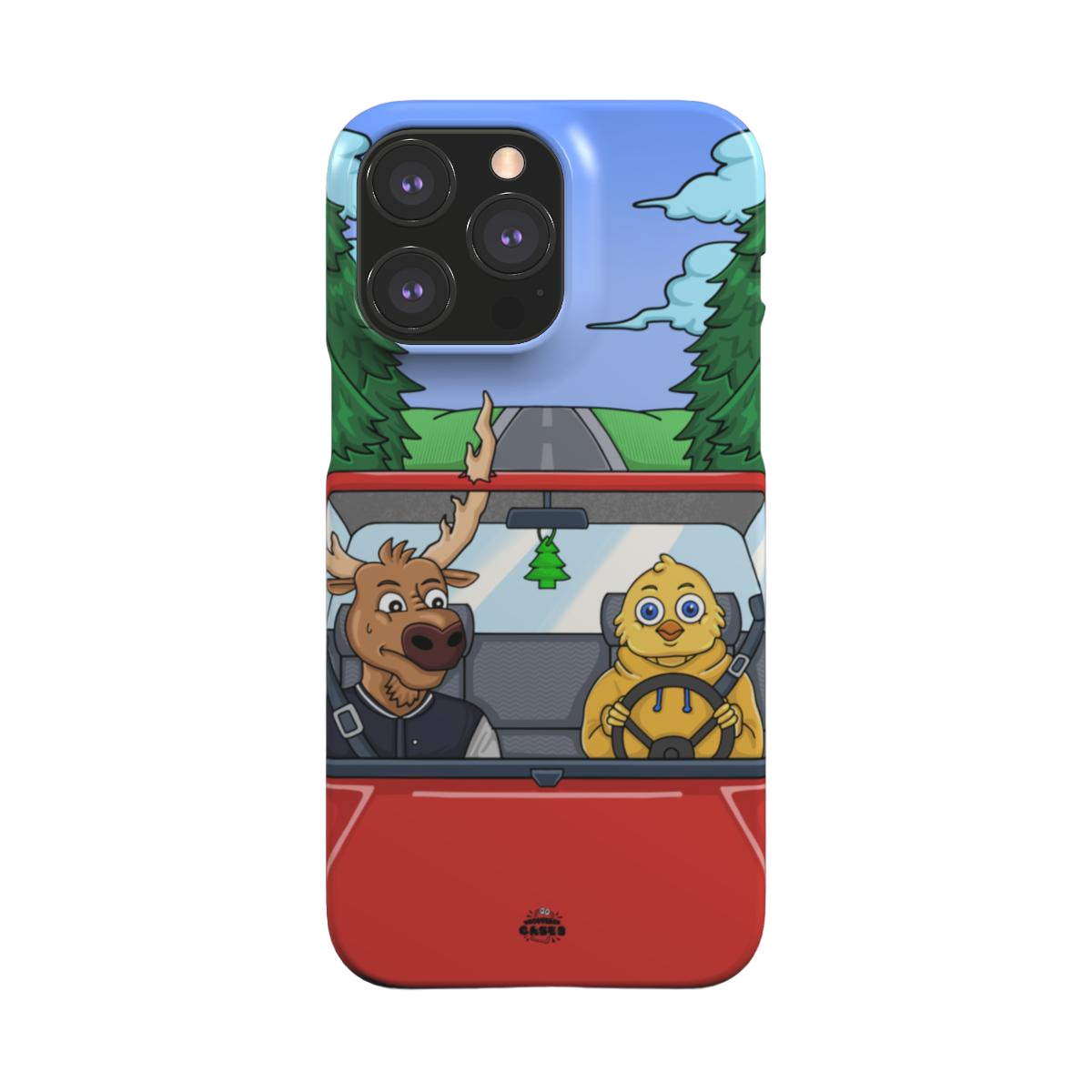 iphone snap case of animated moose teaching a young chick how to drive, back view
