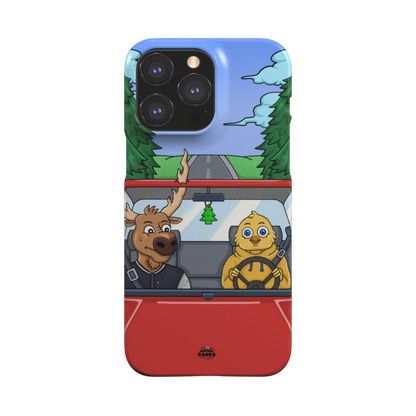 iphone snap case of animated moose teaching a young chick how to drive, back view
