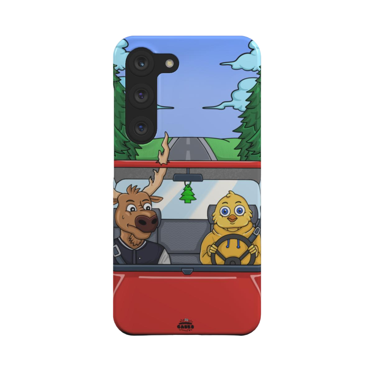 samsung snap case of animated moose teaching a young chick how to drive, back view
