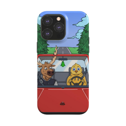 iphone tough case of animated moose teaching a young chick how to drive, back view
