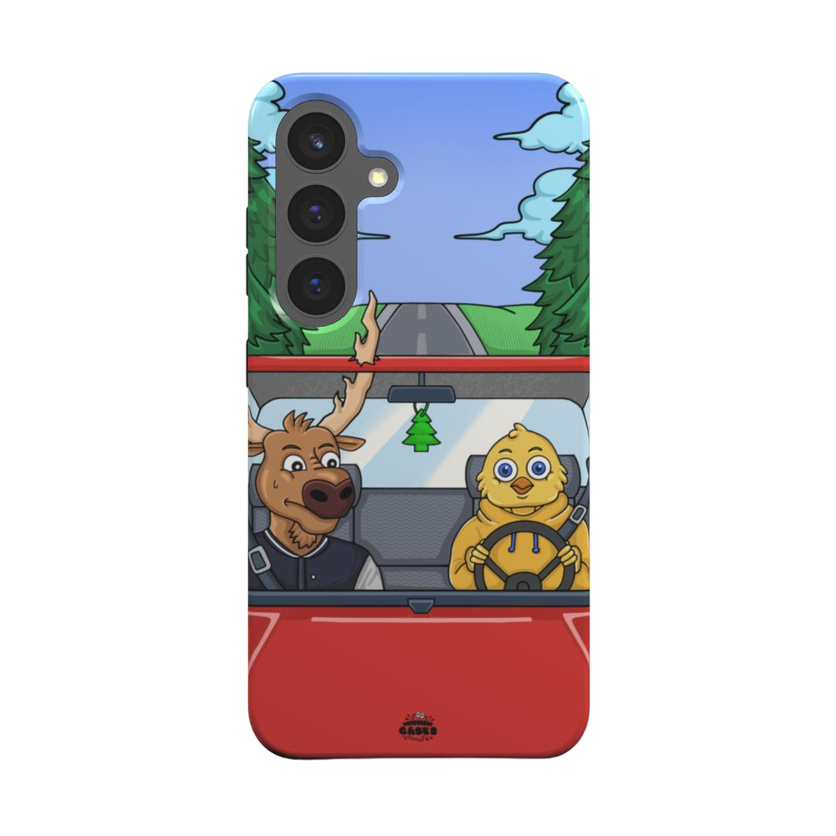 samsung tough case of animated moose teaching a young chick how to drive, back view
