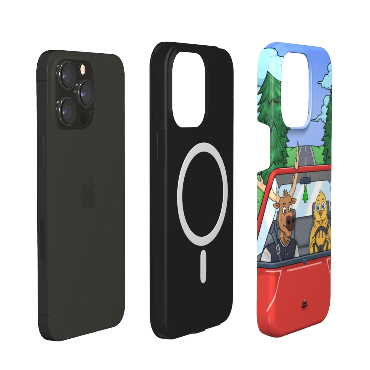 iphone magsafe case of  animated moose teaching a young chick how to drive, layered view
