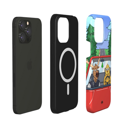 iphone magsafe case of  animated moose teaching a young chick how to drive, layered view
