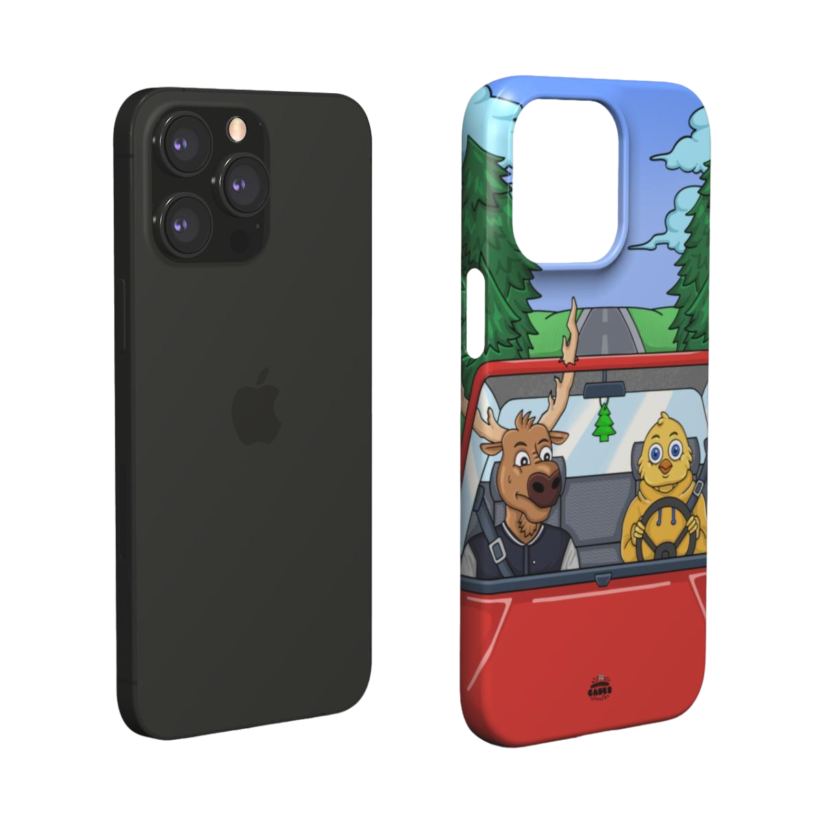 iphone snap case of  animated moose teaching a young chick how to drive, layered view
