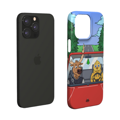 iphone snap case of  animated moose teaching a young chick how to drive, layered view
