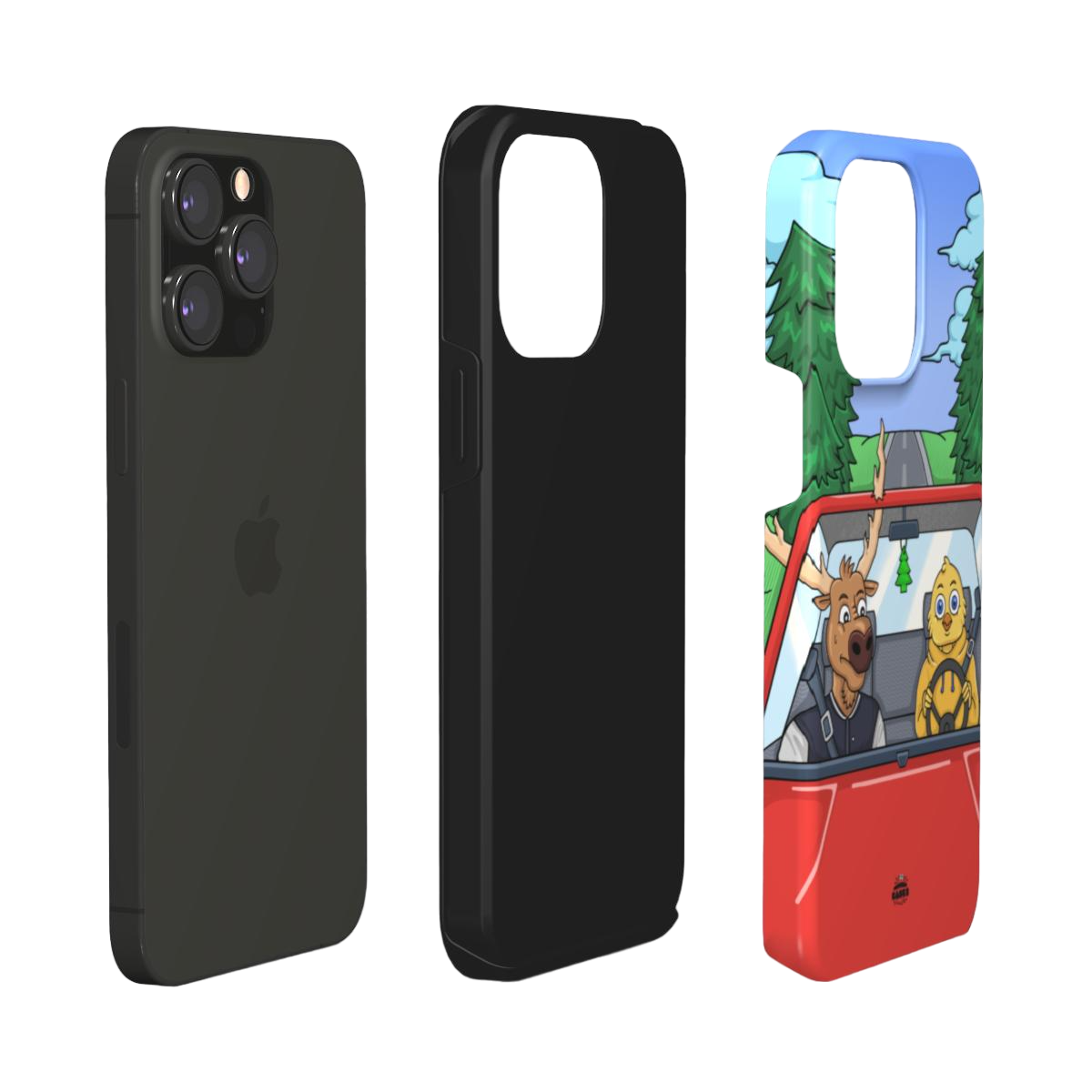 iphone tough case of  animated moose teaching a young chick how to drive, layered view
