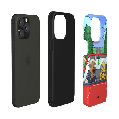 iphone tough case of  animated moose teaching a young chick how to drive, layered view
