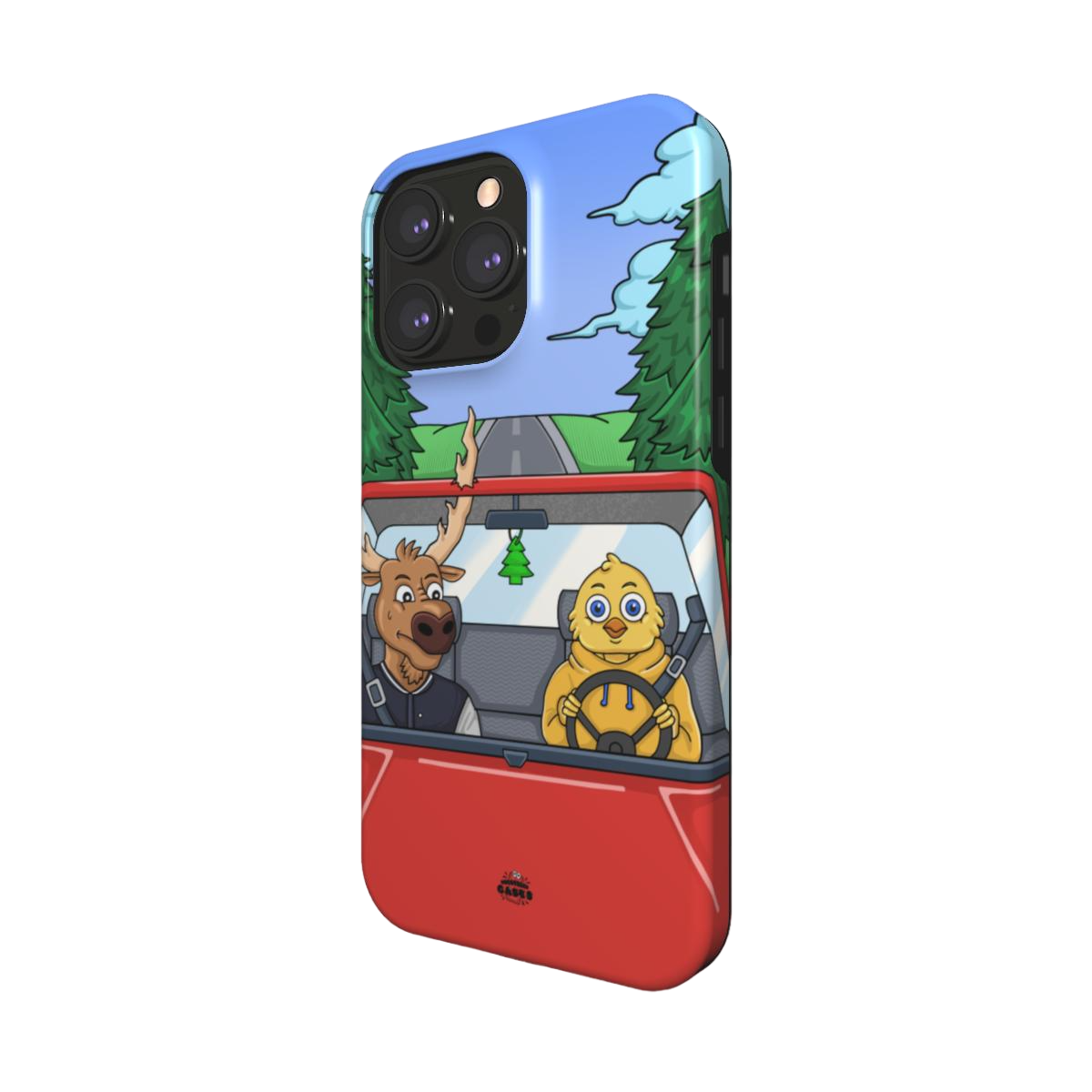 iphone magsafe case of animated moose teaching a young chick how to drive, side view
