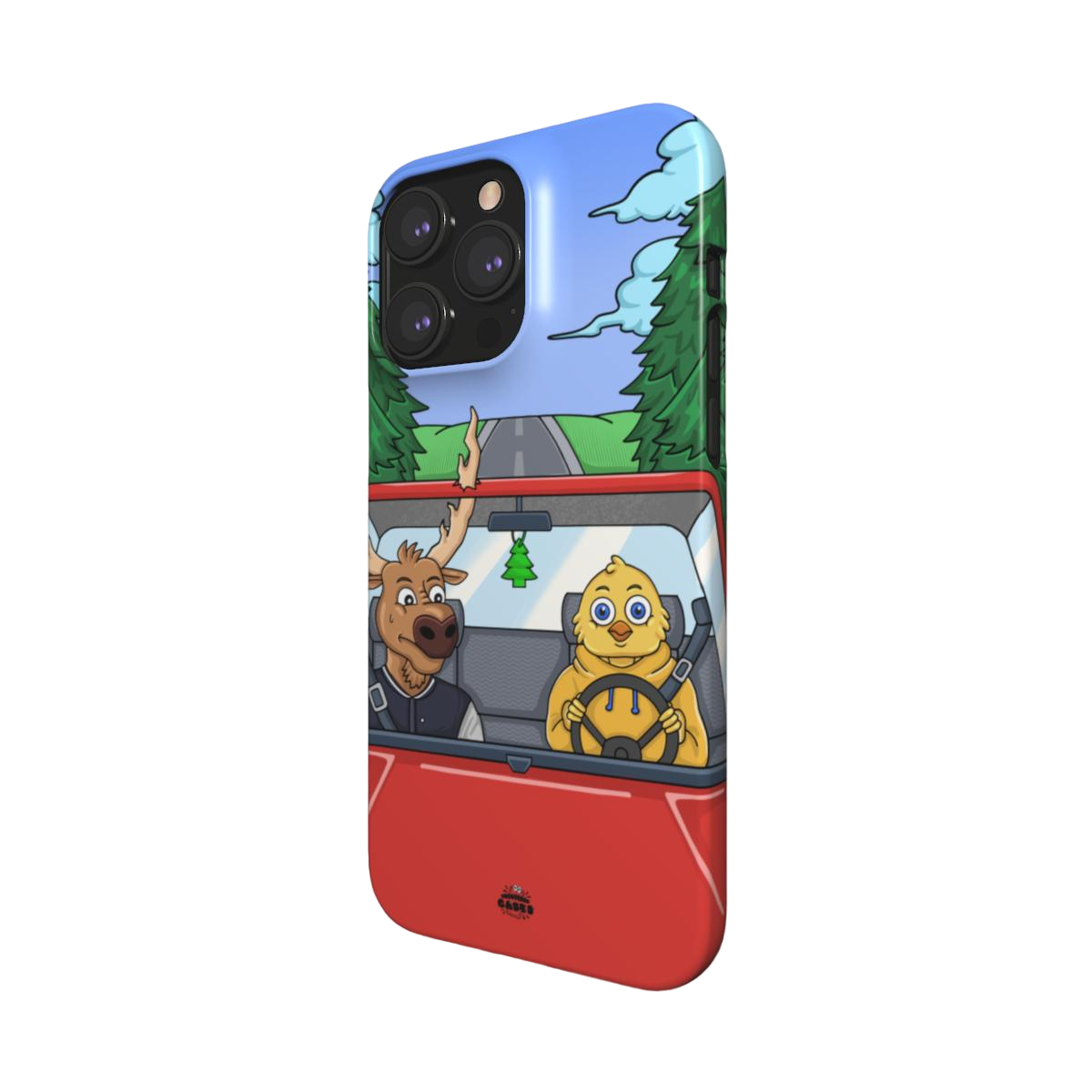 iphone snap case of animated moose teaching a young chick how to drive, side view
