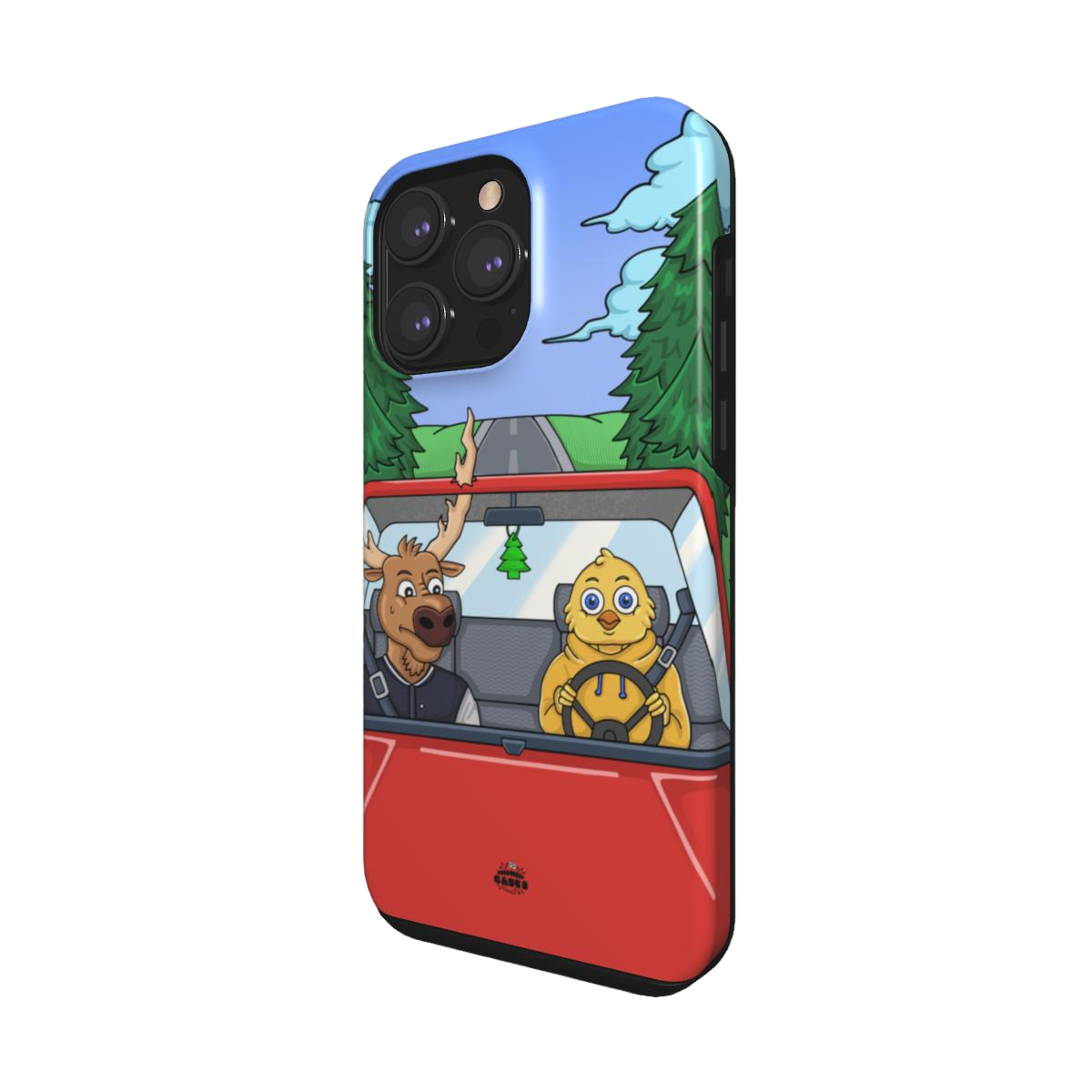 iphone tough case of animated moose teaching a young chick how to drive, side view
