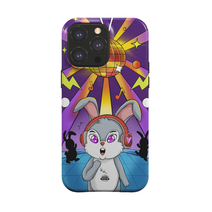 iphone magsafe case of animated bunny wearing headphones at the silent disco, back view
