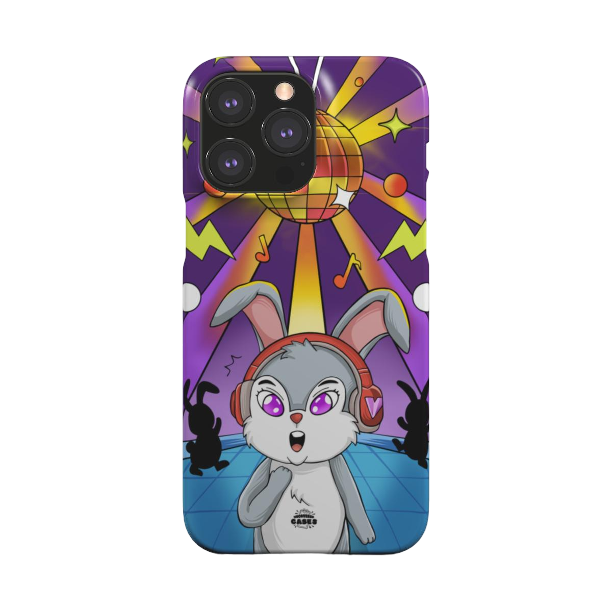 iphone snap case of animated bunny wearing headphones at the silent disco, back view
