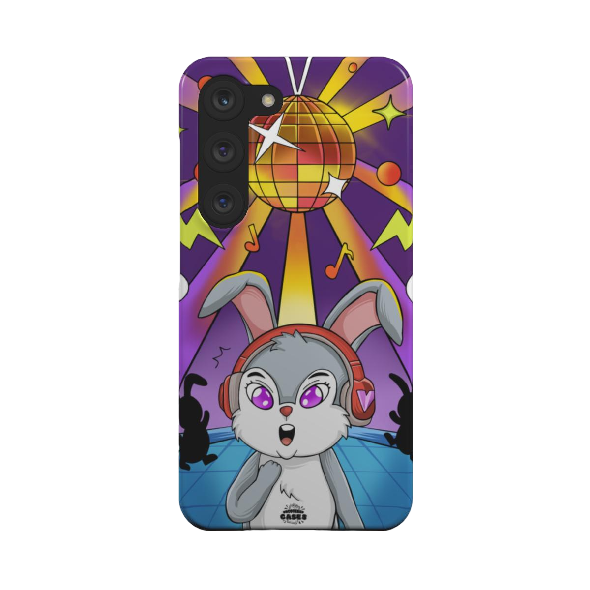 samsung snap case of animated  bunny wearing headphones at the silent disco, back view
