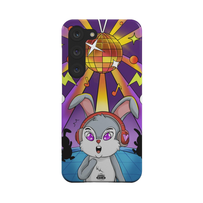samsung snap case of animated  bunny wearing headphones at the silent disco, back view

