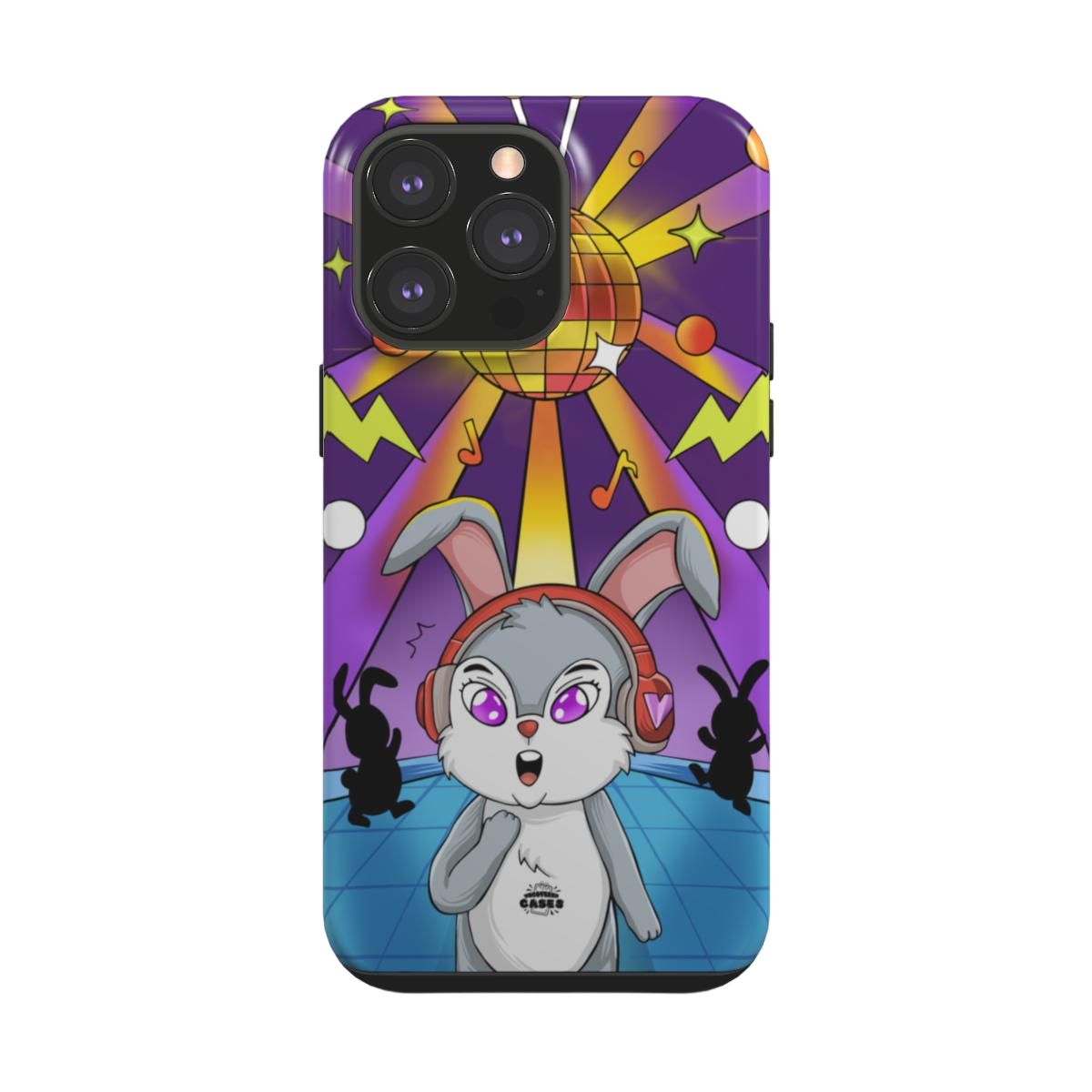 iphone tough case of animated bunny wearing headphones at the silent disco, back view
