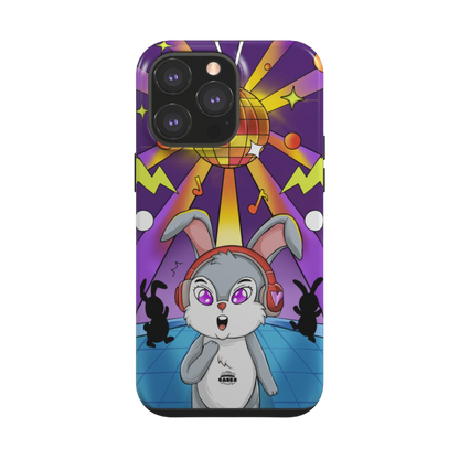 iphone tough case of animated bunny wearing headphones at the silent disco, back view
