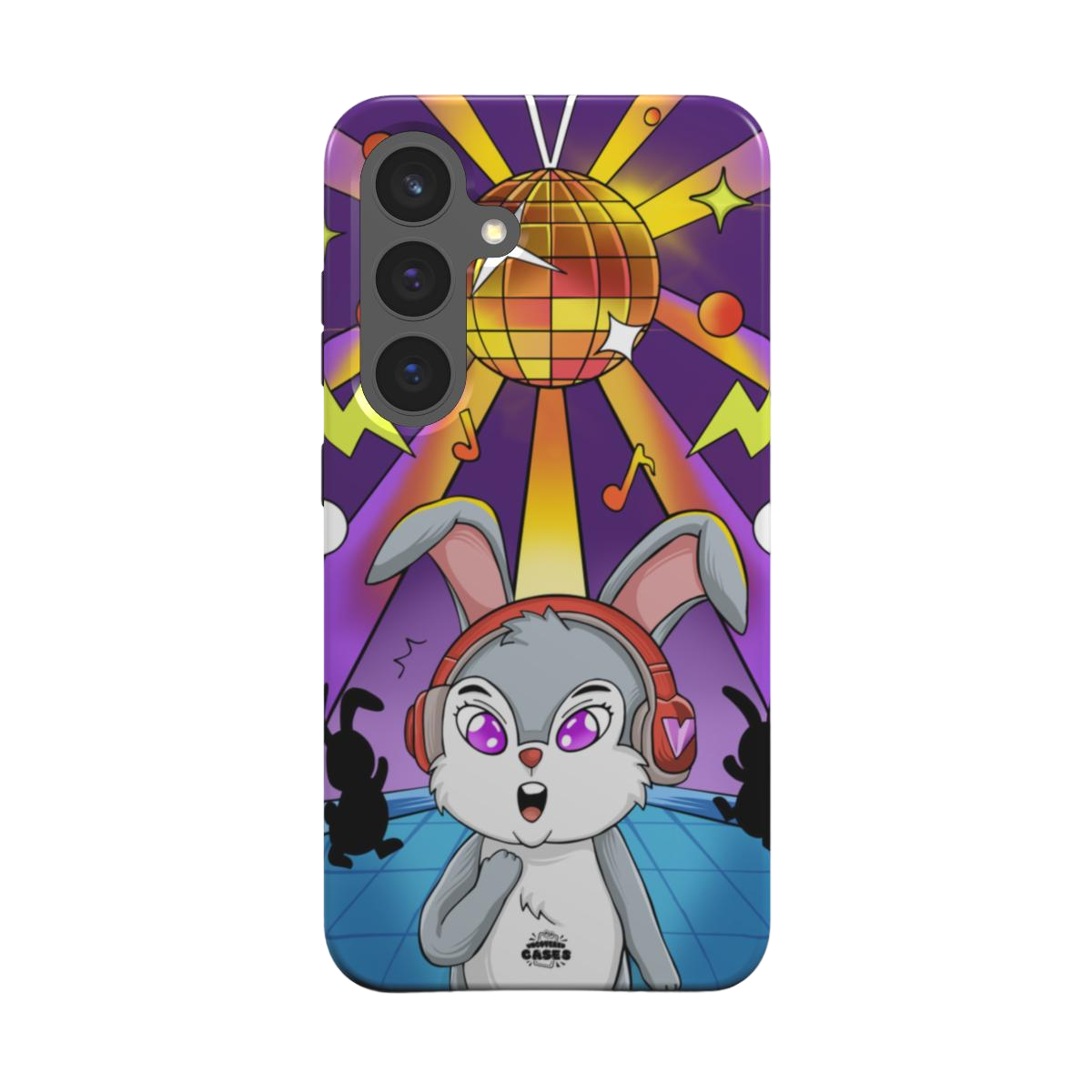 samsung tough case of animated  bunny wearing headphones at the silent disco, back view
