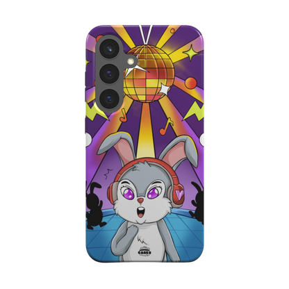 samsung tough case of animated  bunny wearing headphones at the silent disco, back view

