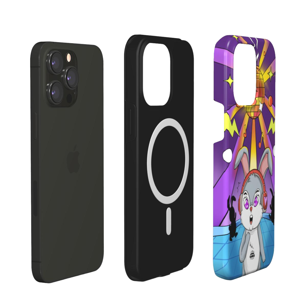 iphone magsafe case of  animated   bunny wearing headphones at the silent disco, layered view
