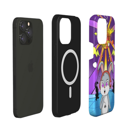 iphone magsafe case of  animated   bunny wearing headphones at the silent disco, layered view
