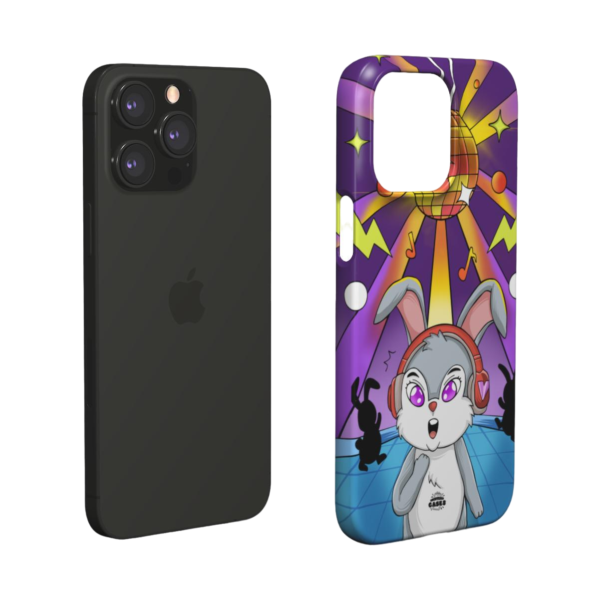 iphone snap case of  animated   bunny wearing headphones at the silent disco, layered view
