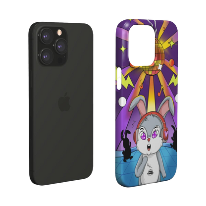 iphone snap case of  animated   bunny wearing headphones at the silent disco, layered view

