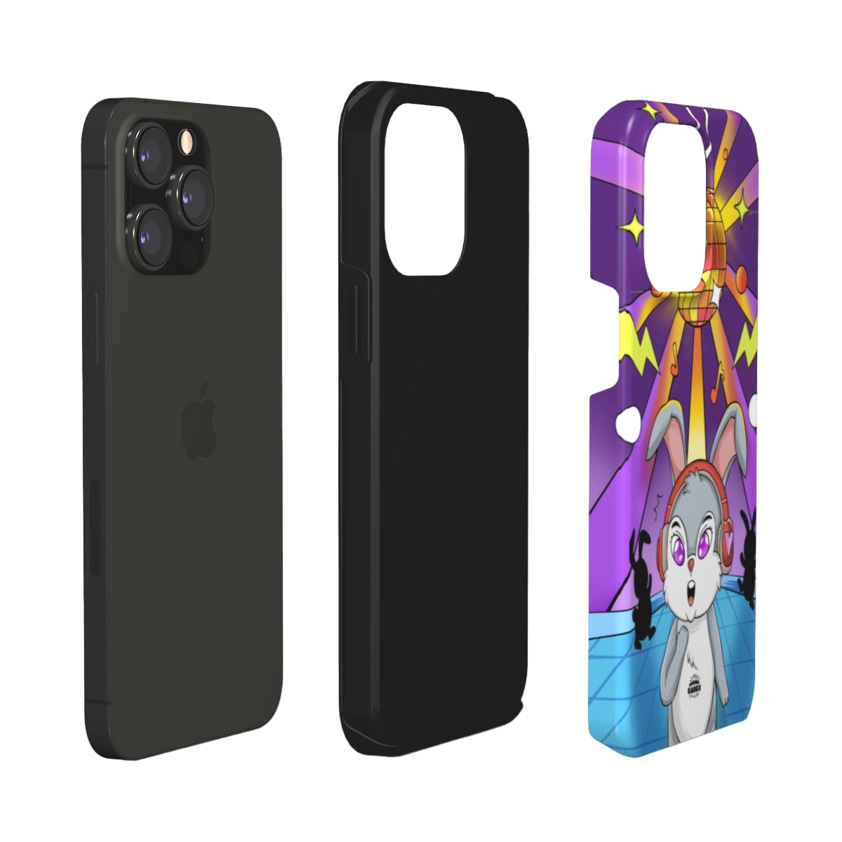 iphone tough case of  animated   bunny wearing headphones at the silent disco, layered view
