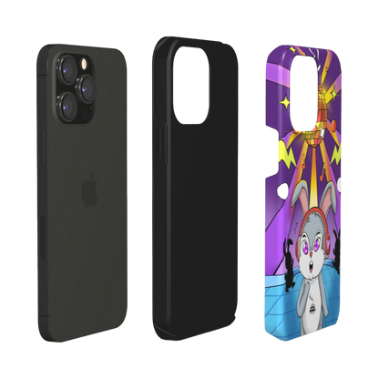 iphone tough case of  animated   bunny wearing headphones at the silent disco, layered view
