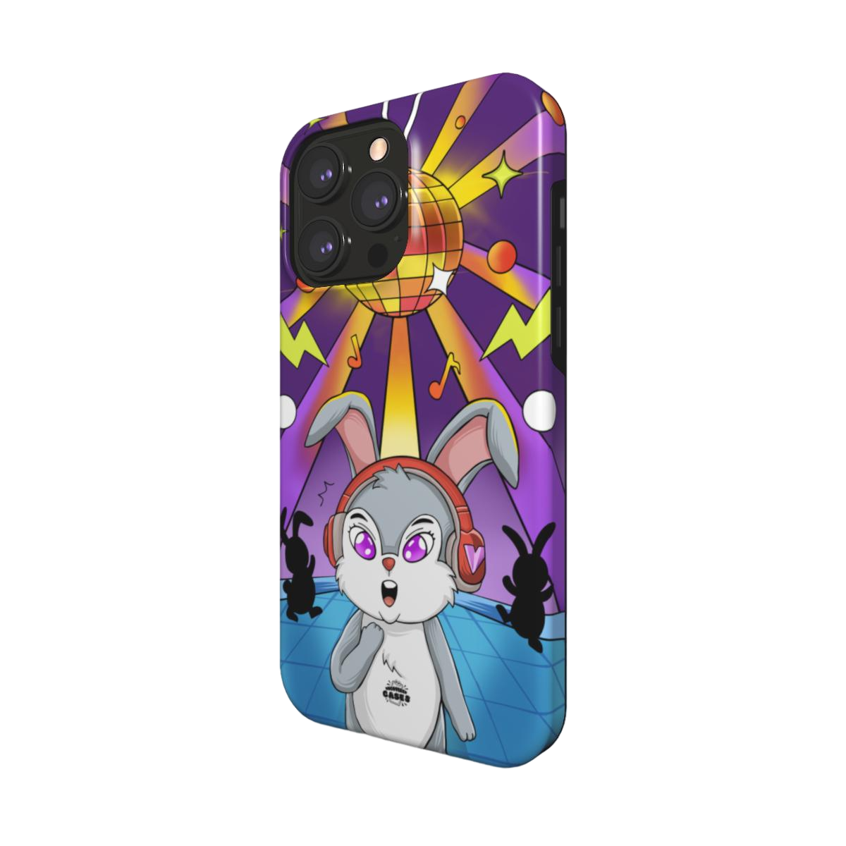 iphone magsafe case of animated  bunny wearing headphones at the silent disco, side view
