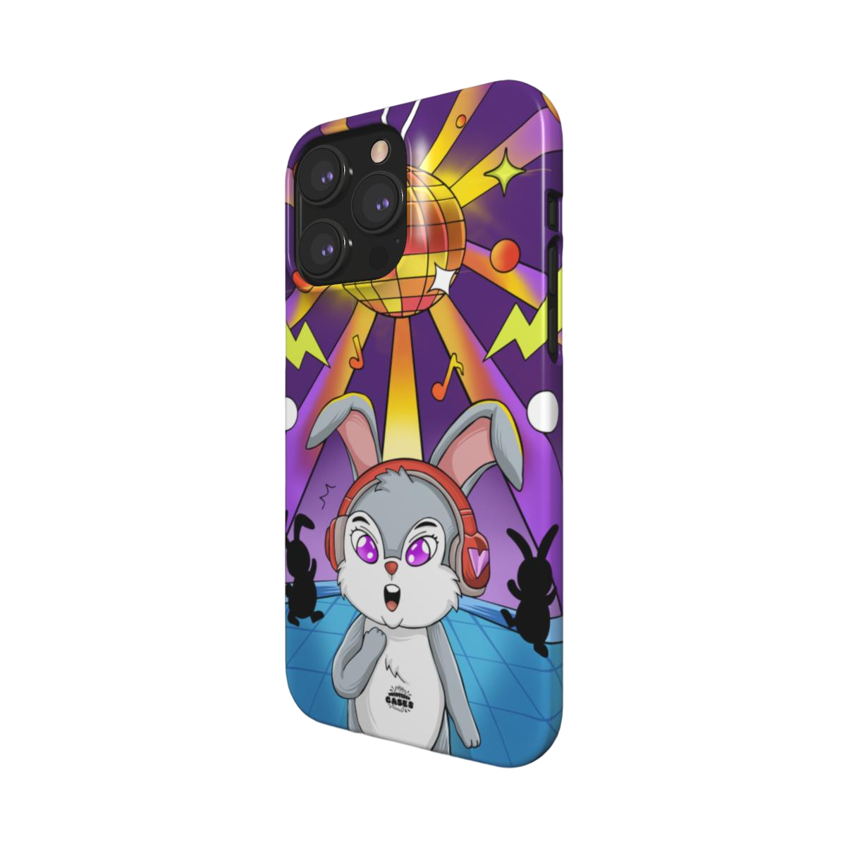 iphone snap case of animated  bunny wearing headphones at the silent disco, side view
