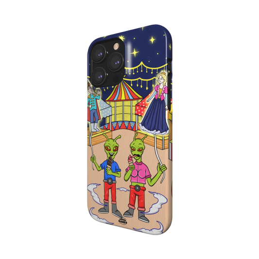 iphone snap case of animated aliens eating ice cream and holding princess and prince shaped balloons, side view
