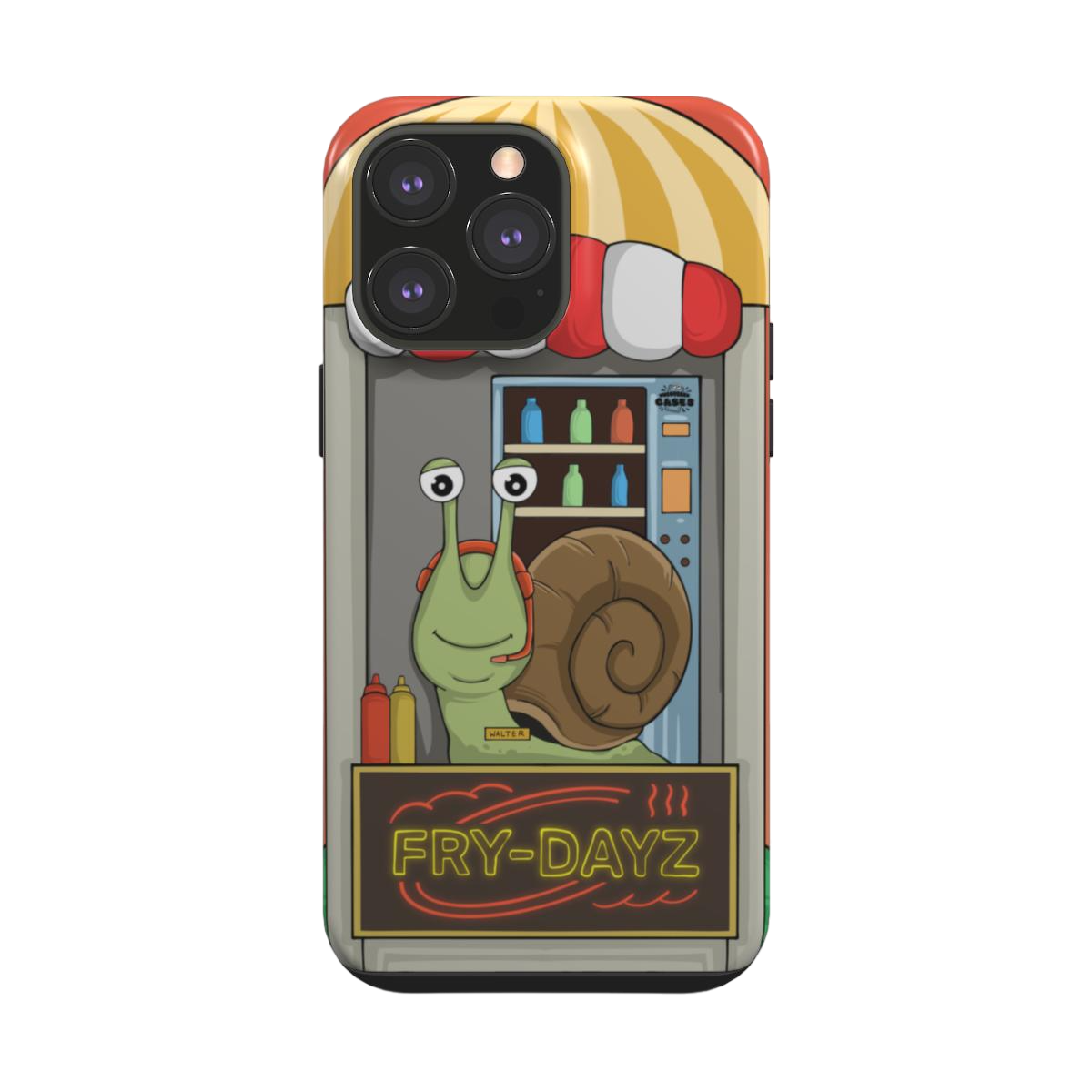iphone tough case of animated snail working at a fast food drive through window, back view
