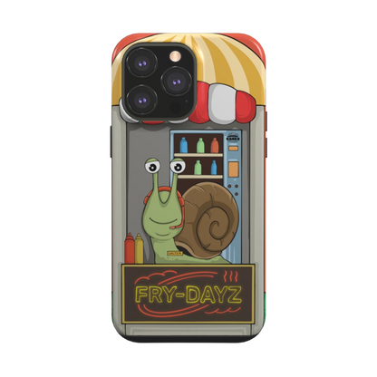 iphone tough case of animated snail working at a fast food drive through window, back view
