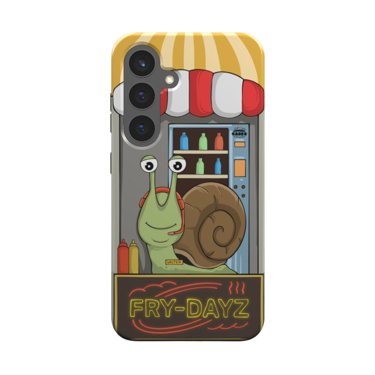 samsung tough case of animated snail working at a fast food drive through window, back view
