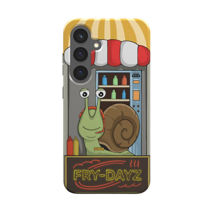 samsung tough case of animated snail working at a fast food drive through window, back view

