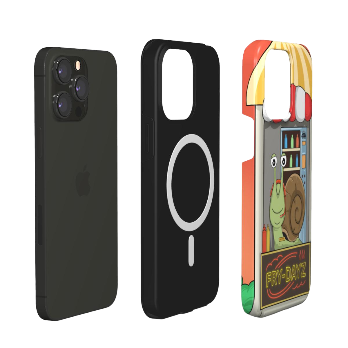 iphone magsafe case of animated snail working at a fast food drive through window, layered view
