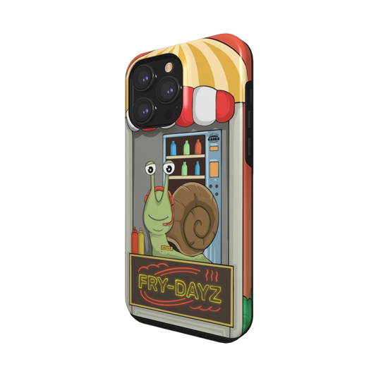 iphone tough case of animated snail working at a fast food drive through window, side view
