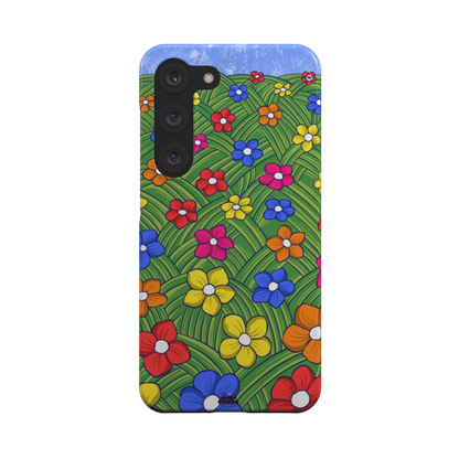 samsung snap case of animated colorful flower field, back view
