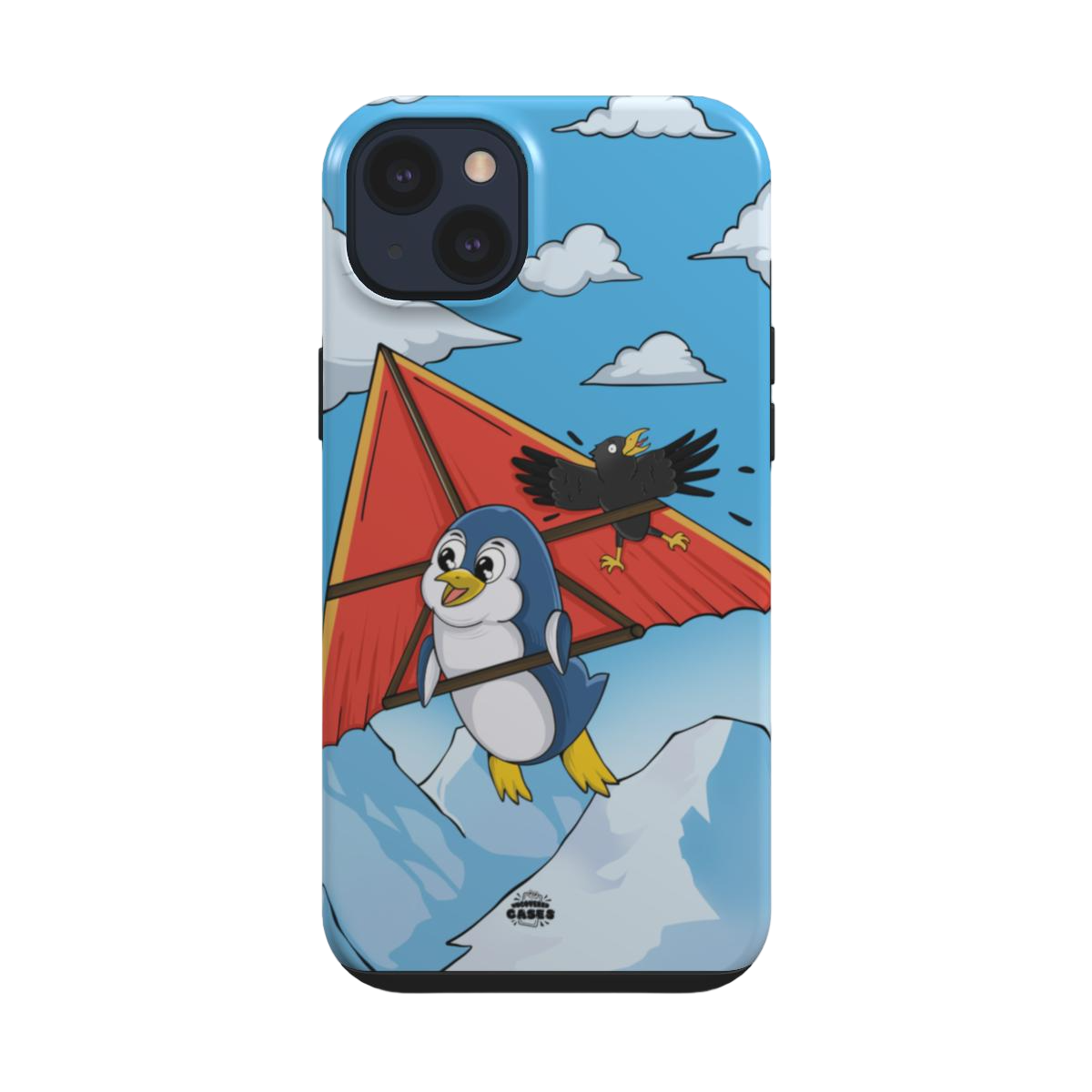iphone tough case of animated penguin trying to paraglide down the mountain, back view
