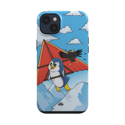 iphone tough case of animated penguin trying to paraglide down the mountain, back view
