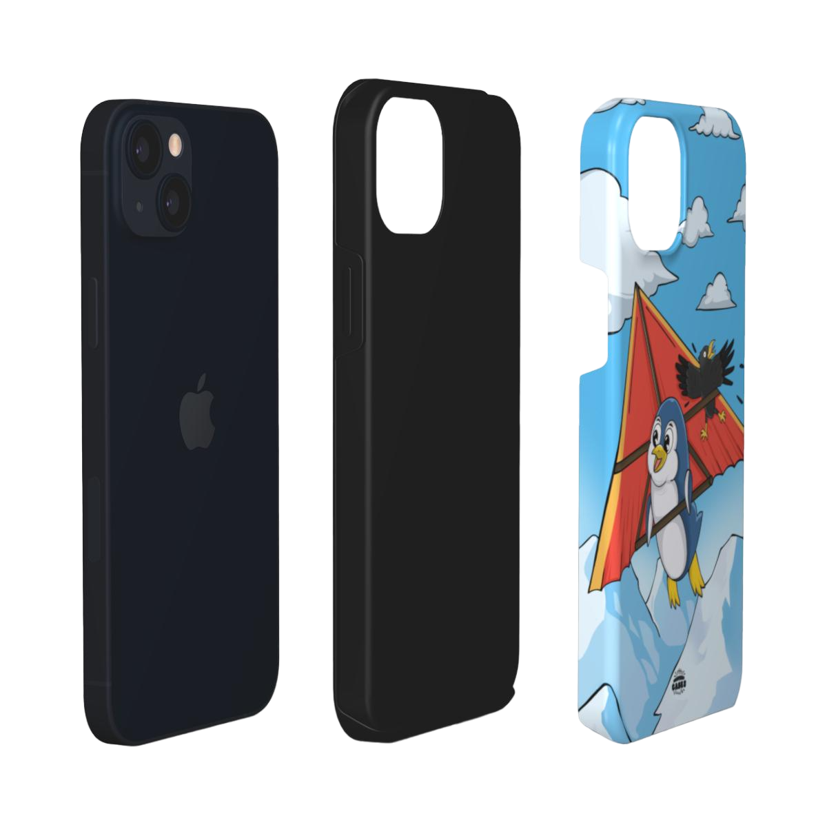 iphone tough case of  animated  penguin trying to paraglide down the mountain, layered view
